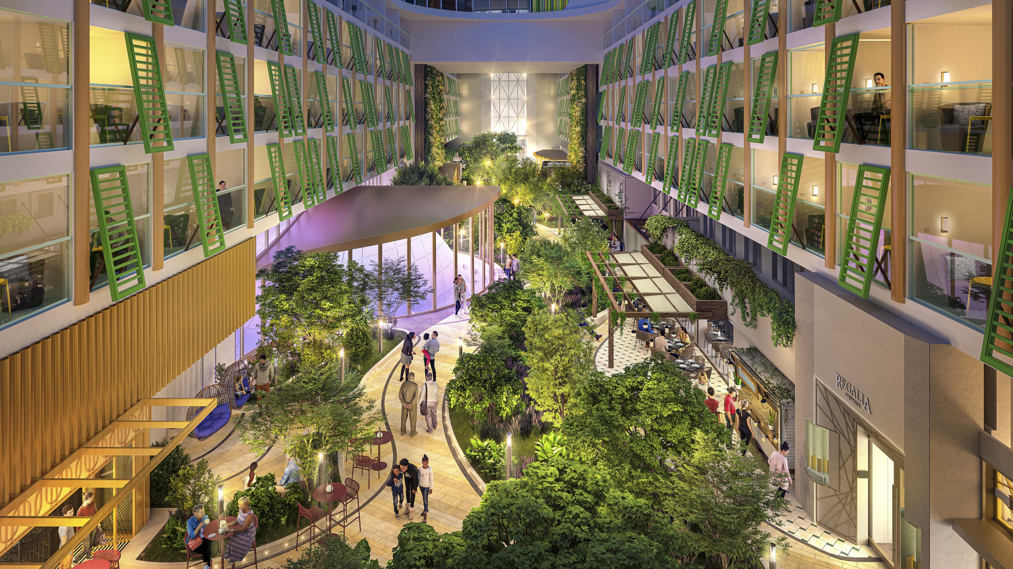 Fartyget har sin egen grönskande park ombord med tusentals riktiga växter, restauranger och levande musik