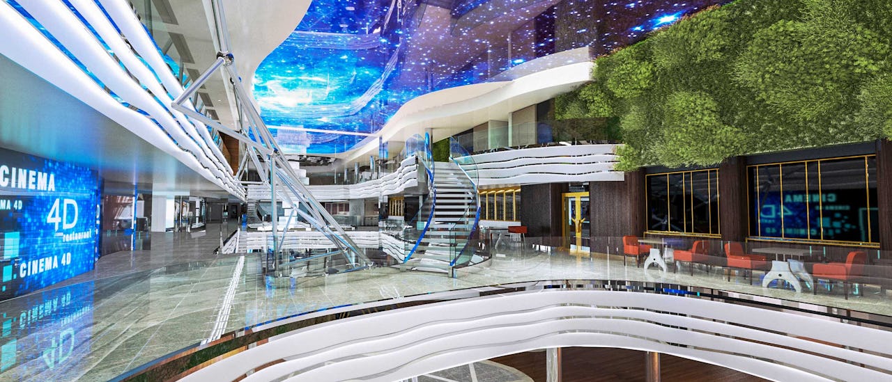 Strosa på den 104 meter långa inomhuspromenaden med den ikoniska LED Dome-skärmen!