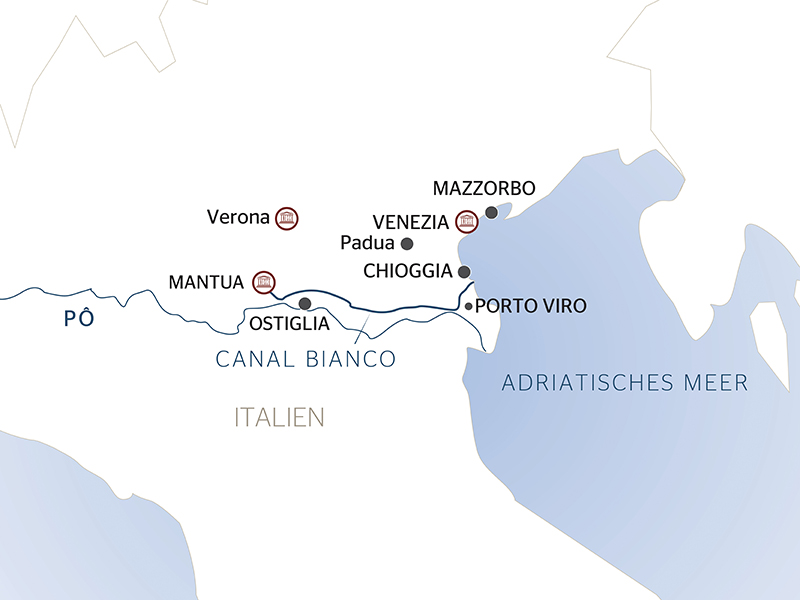 Karta Venedig med Po